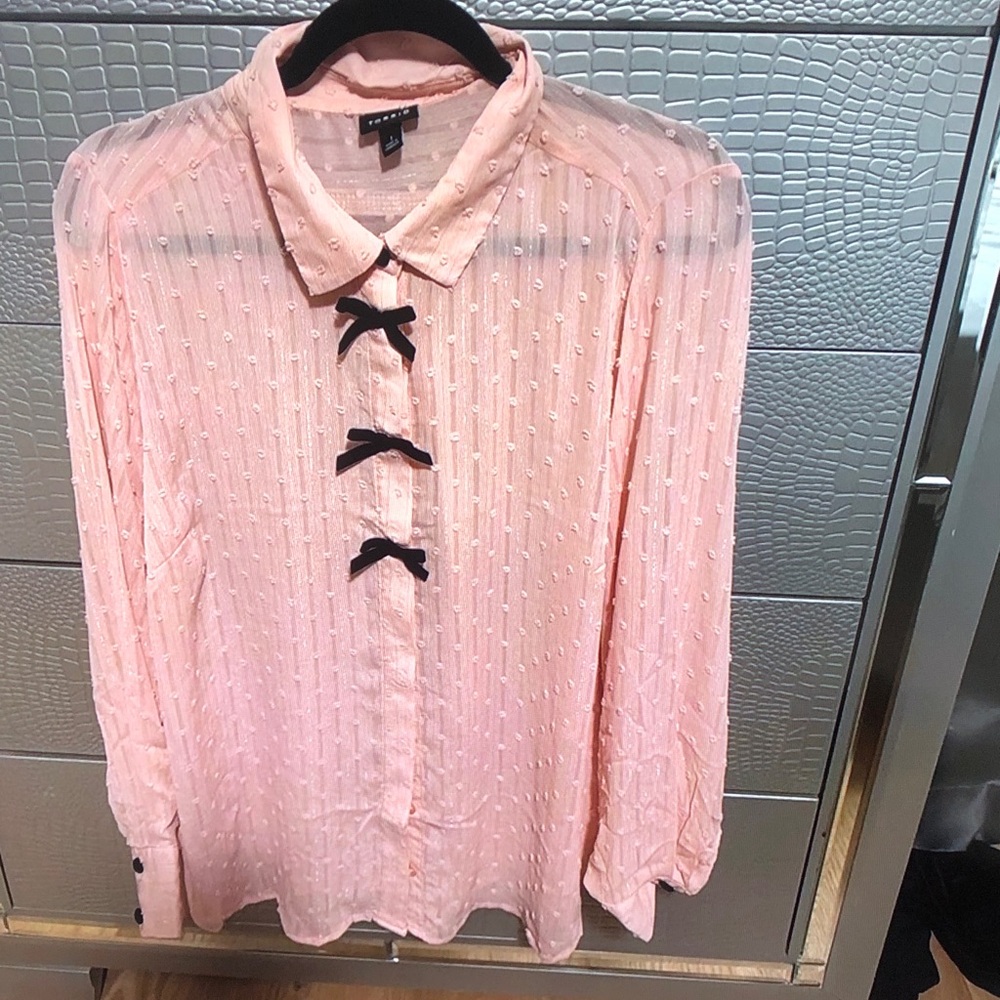 torrid Pale Pink Swiss Dot Button-Down Blouse with Black Ribbon Bows